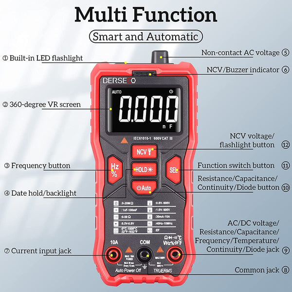 DERSECO Digital Multimeter Voltage Tester AC DC LCD Display NCV Continuity Voltmeter Auto Hanging Volt Amp Meter